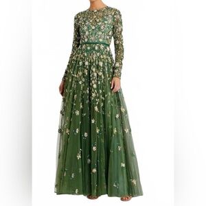 Mac Duggal Green Floral Long Sleeve Dress